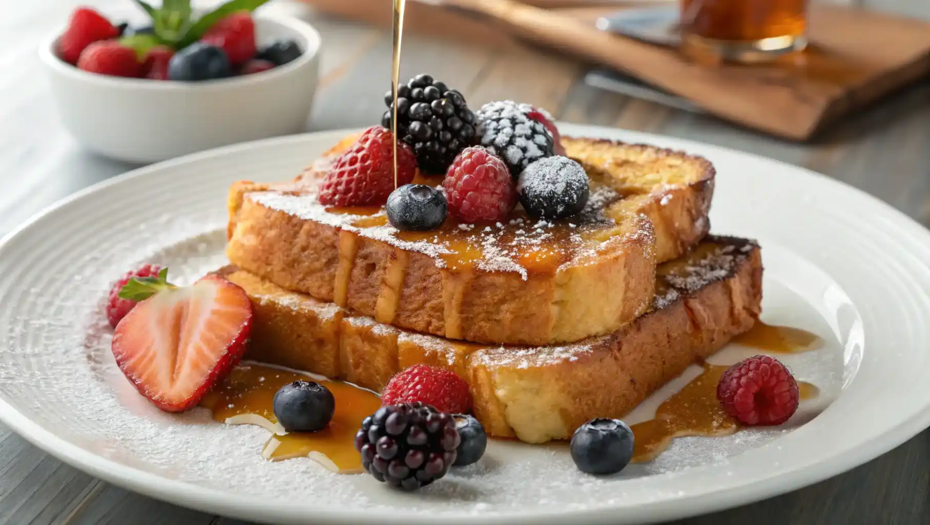 Crispy sourdough French toast with maple syrup and berries