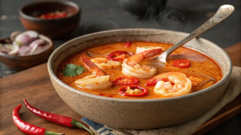 Spicy clam shrimp broth with chilies and herbs