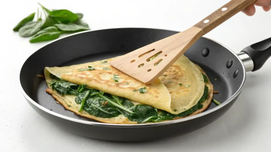 Spinach crepe cooking in skillet