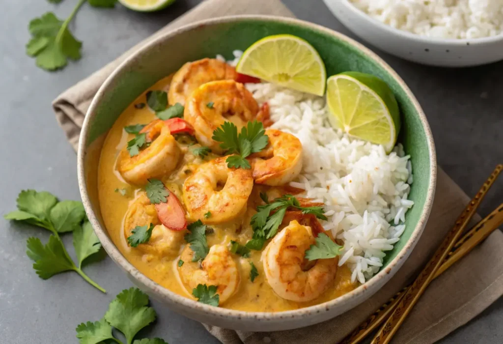 Thai coconut curry shrimp in a slow cooker, served with lime wedges and jasmine rice.