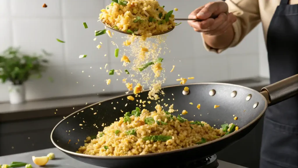 High-heat tossing of Anjappar Egg Fried Rice for a smoky flavor