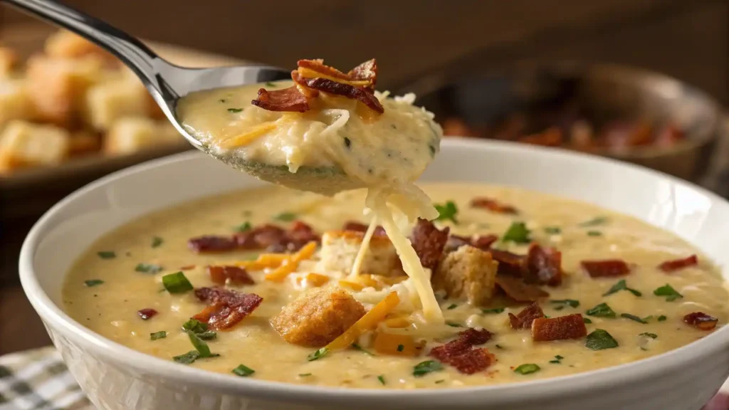 Thick and creamy hash brown potato soup on a spoon.