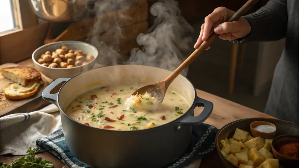 Stirring a pot of creamy potato soup with hash browns.