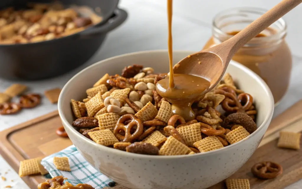 Mixing Sweet Chex Mix with Caramel Coating