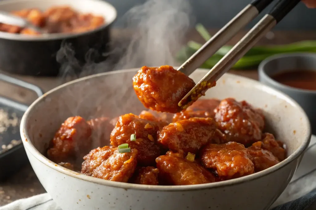 Tossing boneless chicken wings in buffalo sauce.