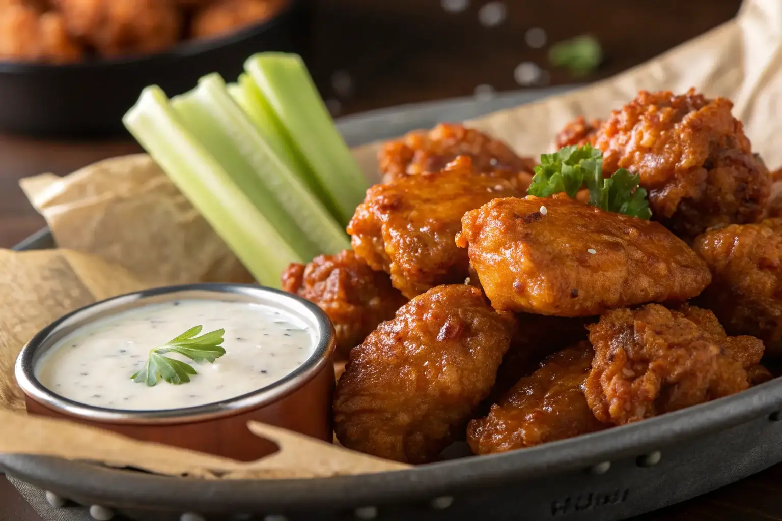 Crispy boneless chicken wings recipe with buffalo sauce.